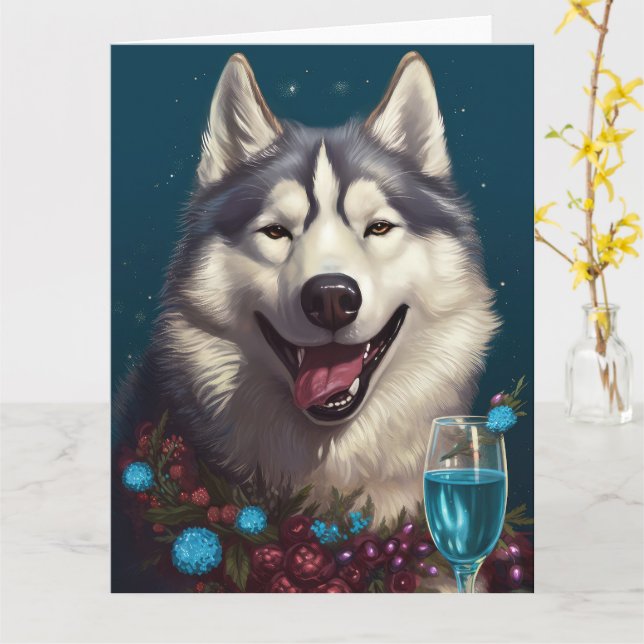 Carte du Nouvel An Malamute en Alaska (Fleur jaune)