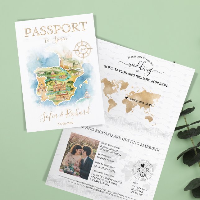 Carte du passeport de destination mariage Grèce (illustrated watercolor map of spain)
