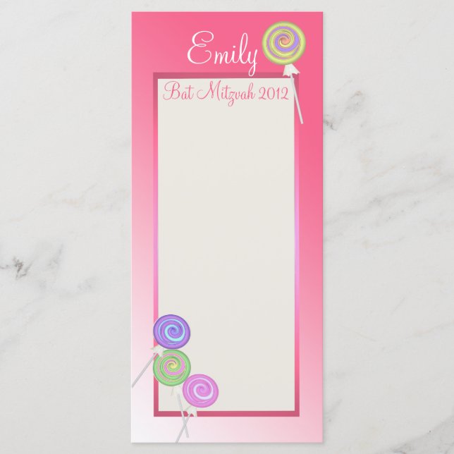 Carte du programme Bat mitzvah sucré Candy (Devant)