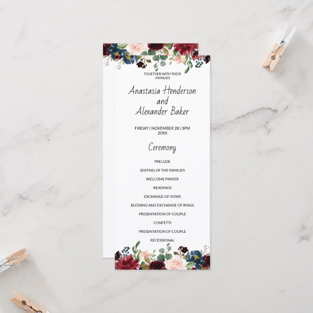 Carte du programme de mariage. (Devant/Arrière en situation)