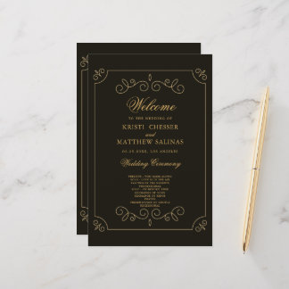Carte du programme de mariage Black Gold Frame Bor