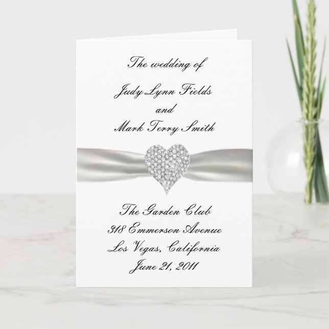 Carte du programme de mariage blanc Diamond Heart (Devant)