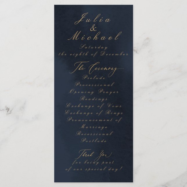 Carte du programme de mariage de calligraphie bleu (Devant)