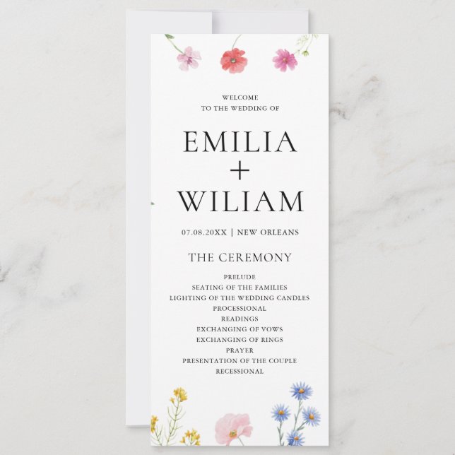 Carte du programme de mariage des Fleurs sauvages  (Devant)