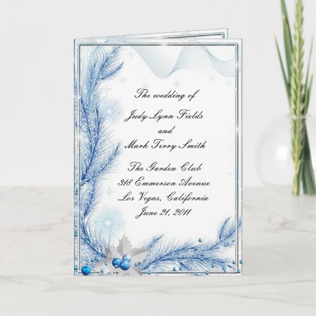 Carte du programme de mariage d'hiver de pin bleu (Devant)