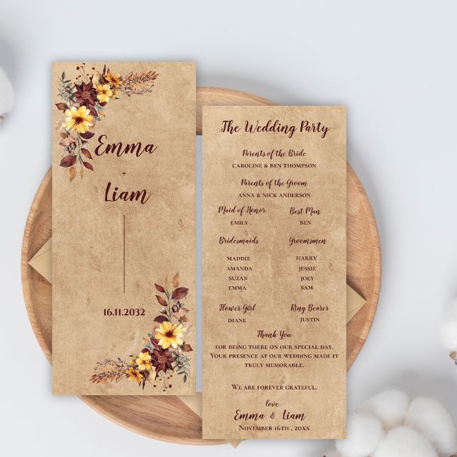 Carte du programme de mariage floral de l'automne  (Yellow Burgundy Autumn Floral Wedding Program Card)