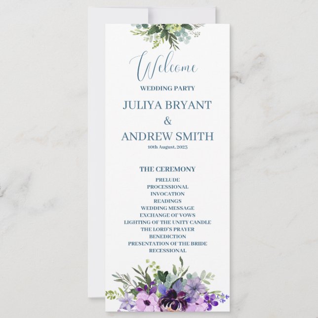 Carte du programme de mariage floral pourpre (Devant)