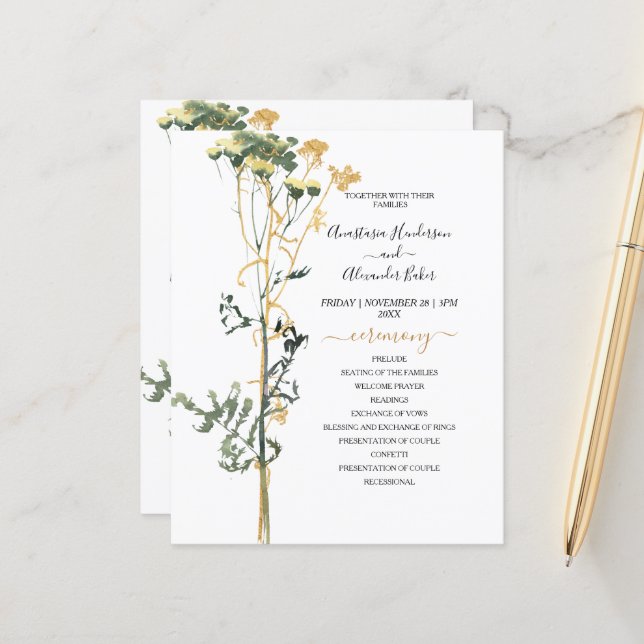 Carte du programme de mariage rustique à l'aquarel (Devant/Arrière en situation)