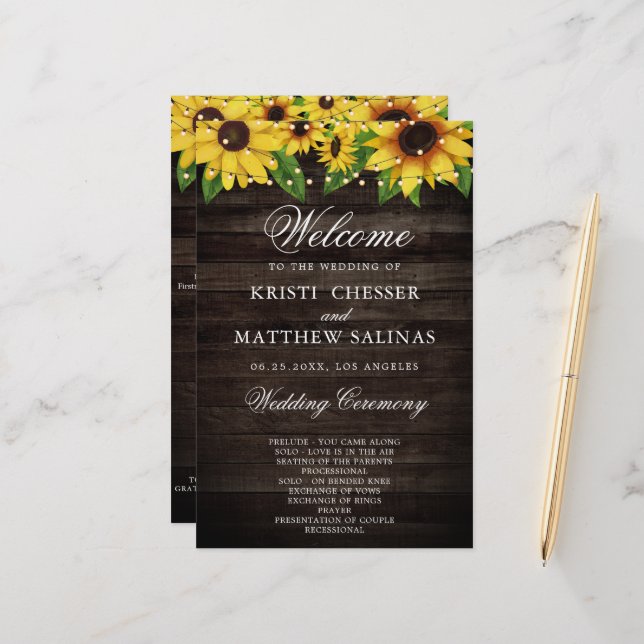 Carte du programme de mariage Sunflower Wood Strin (Devant/Arrière en situation)