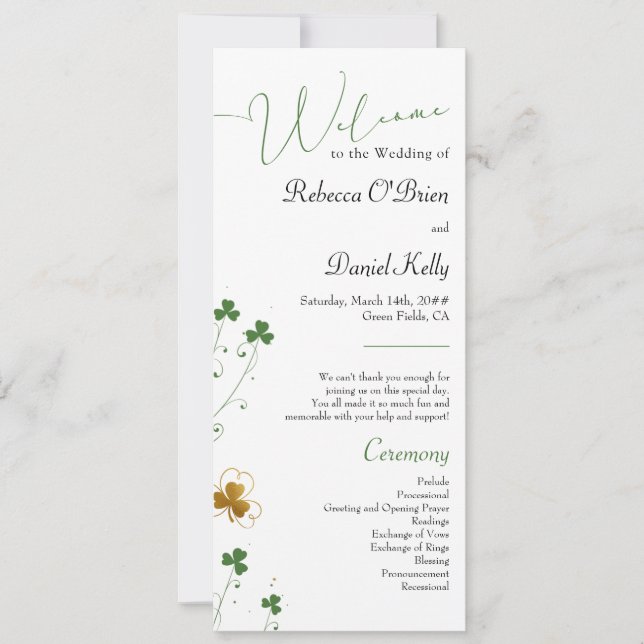 Carte du programme mariage élégant shamrock Fleur  (Devant)