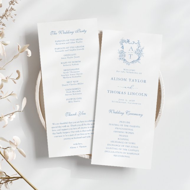 Carte du programme Monogram Crest Dusty Blue Weddi (Créateur téléchargé)