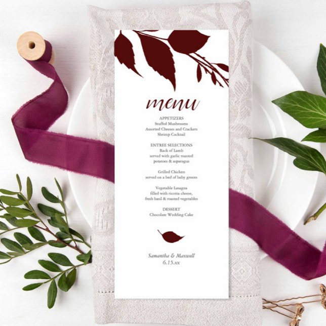 Carte du thème Mariage Bourgogne (Maroon wedding menu features burgundy leave art by Victoria Grigaliunas of Do Tell A Belle)