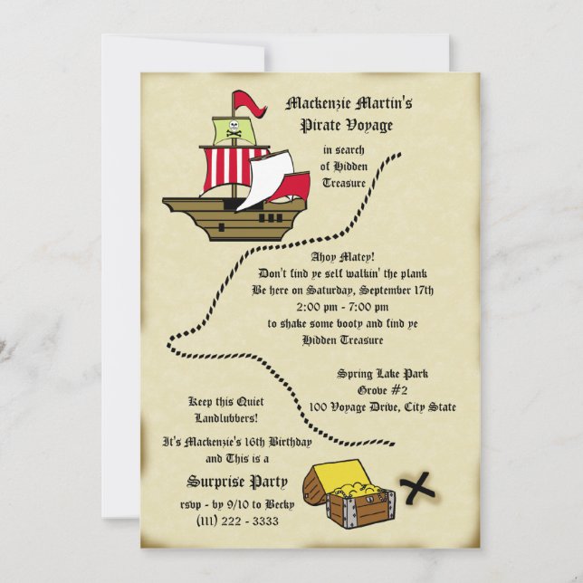 Carte du voyage d'anniversaire du pirate (Devant)