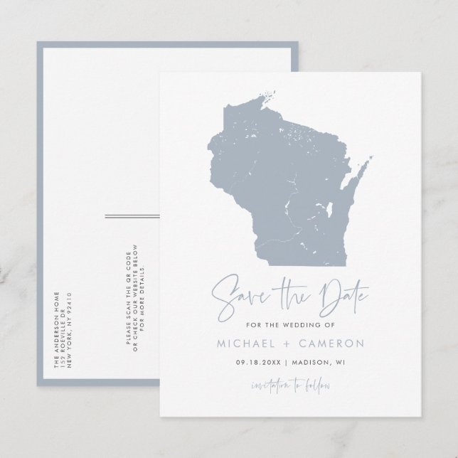 Carte du Wisconsin Bleu Poussiéreux Code QR Date à (Devant / Derrière)