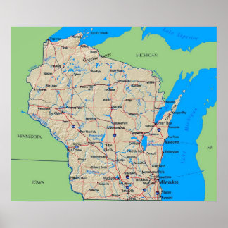 Carte du Wisconsin Poster vert (en plusieurs taill