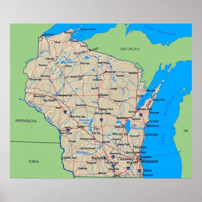 Carte du Wisconsin Poster vert (en plusieurs taill (Devant)