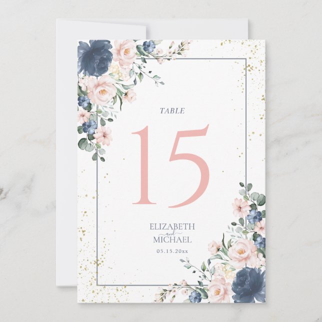 Carte Dusty Blue Blush Rose Gold Floral Numéro de tablea (Devant)
