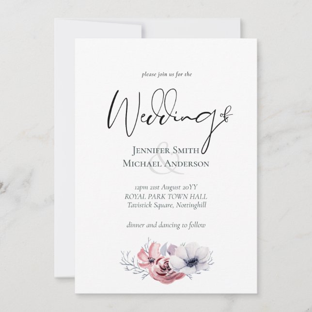 Carte Dusty Blue Coral Floral Mariage Invite Budget (Devant)
