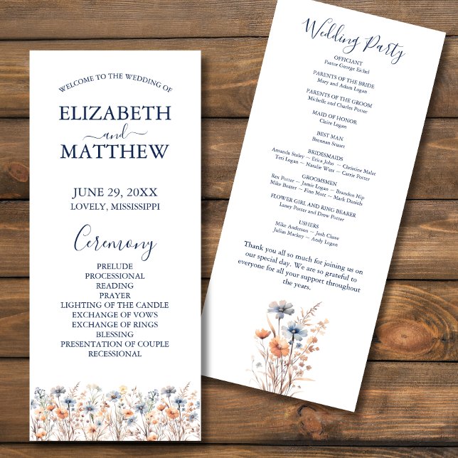 Carte Dusty Blue et Peach Fleurs sauvages Wedding Progra (Créateur téléchargé)