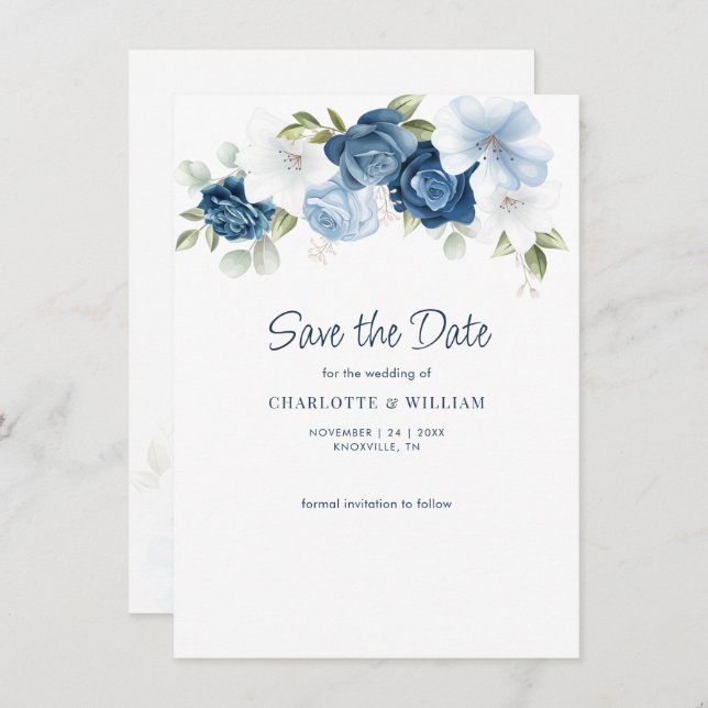 Carte Dusty Blue Floral Enregistrer La Date Annonce (Devant / Derrière)