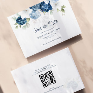 Carte Dusty Blue Floral Enregistrer la date Code QR