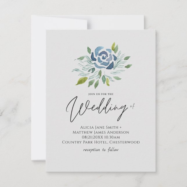 Carte Dusty Blue Floral Mariage Élégant budget moderne (Devant)