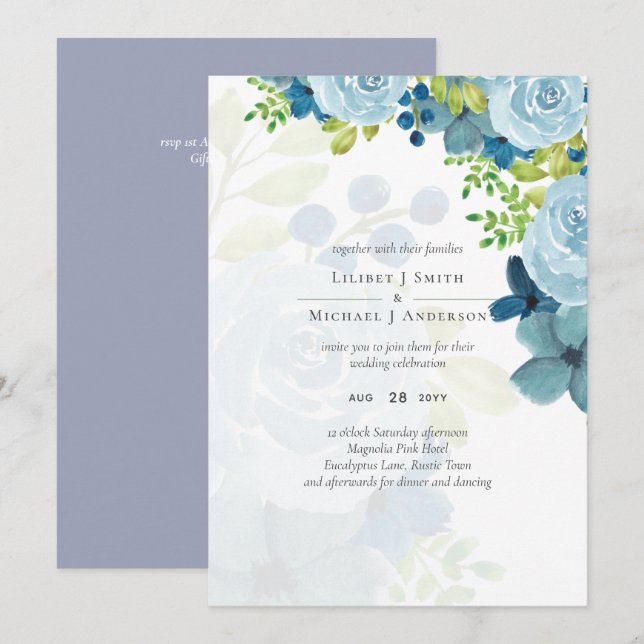 Carte Dusty Blue Floral Mariage Trending Budget (Devant / Derrière)
