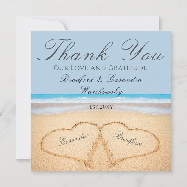 Carte Dusty Blue Mariage 2 Coeurs sur le sable mariage p (Devant)