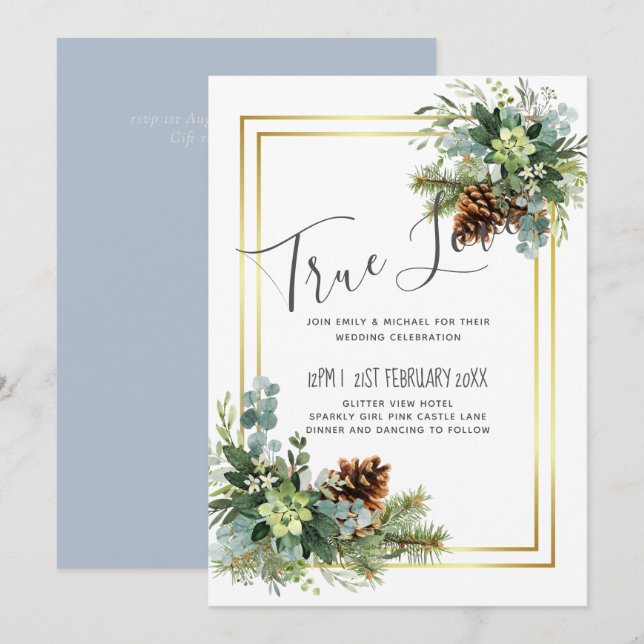 Carte Dusty Blue Mariage Eucalyptus Budget vert (Devant / Derrière)