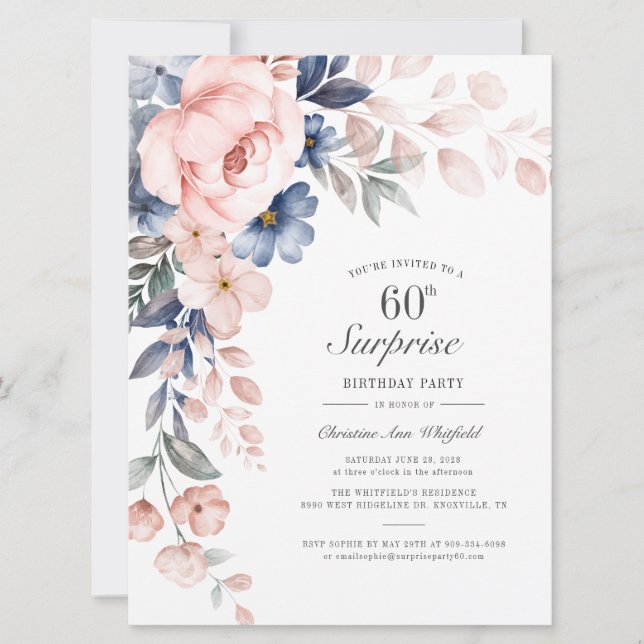 Carte Dusty Blue Rose Floral Surprise 60e anniversaire (Devant)