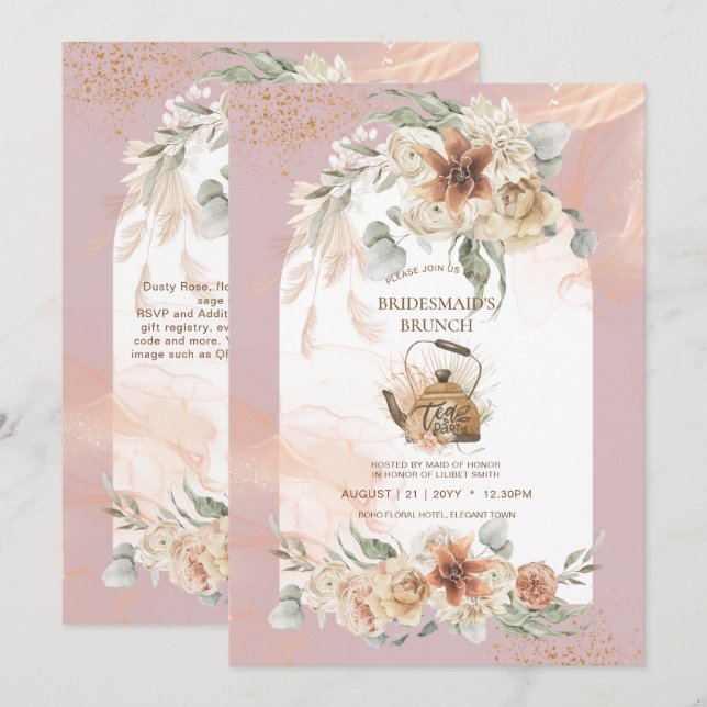 Carte Dusty Rose Floral Pampas Grass Boho FÊTE DES MARIÉ (Devant / Derrière)