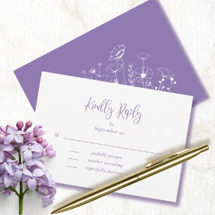 Carte Dusty violet blanc Fleurs sauvages mariage RSVP