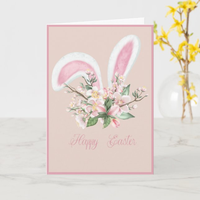 Carte Ears Bunny de Pâques et Aquarelle rose Fleur (Fleur jaune)