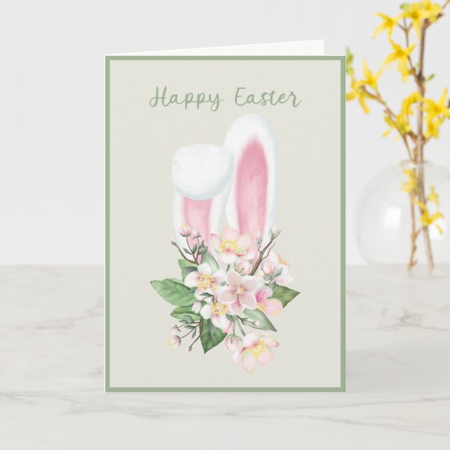 Carte Ears Bunny de Pâques et Aquarelle rose Fleur (Fleur jaune)
