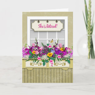 Carte Écart de retraite, Femme, Fleurs dans la fenêtre