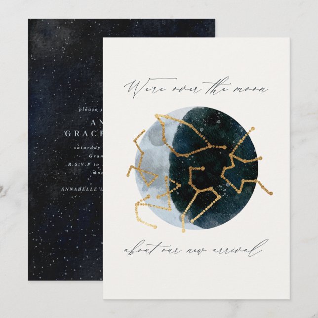 Carte Écriture moderne aquarelle étoile lune céleste (Devant / Derrière)