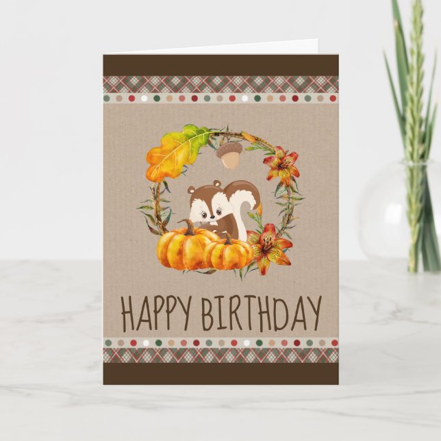 Carte Écureuil et Citrouille Rustic Wreath Anniversaire (Devant)