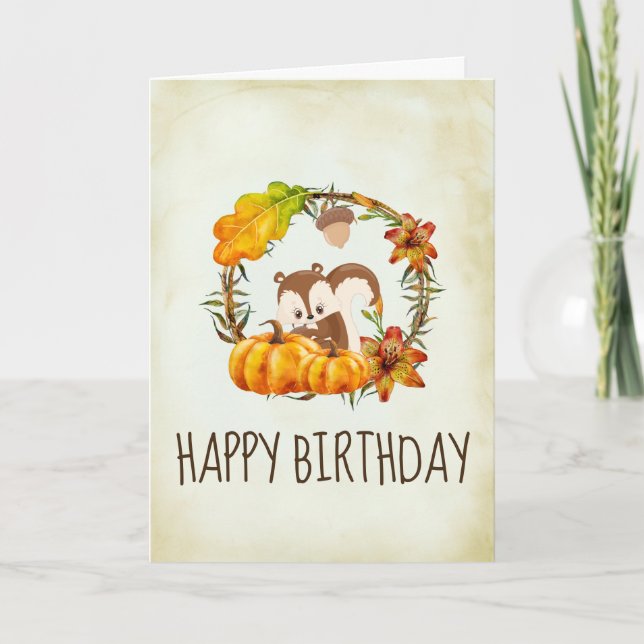 Carte Écureuil et Citrouille Rustic Wreath Anniversaire (Devant)