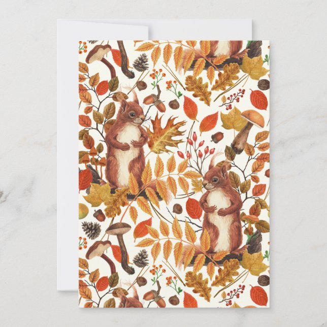 Carte Écureuils d'automne et flore automnale sur le blan (Devant)
