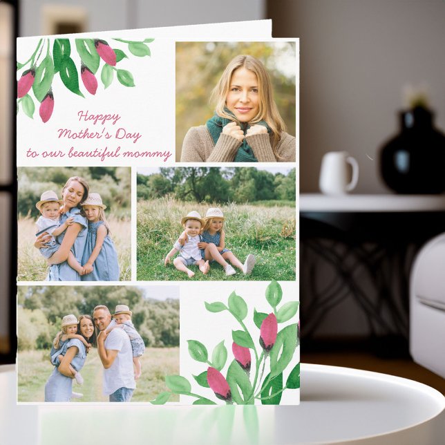 Carte éditable florale douce aquarelle en collage  (Photo collage mother's day card with floral accents)