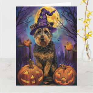 Carte Éffrayant Airedale Halloween sorcière et Citrouill