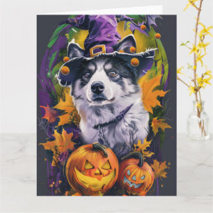 Carte Éffrayant Akita Halloween Witch et Citrouille