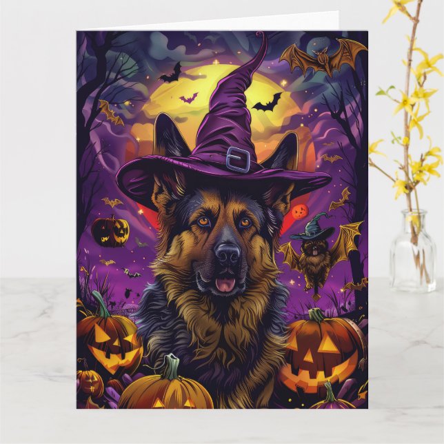 Carte Éffrayant allemand berger Halloween sorcier Citrou (Fleur jaune)
