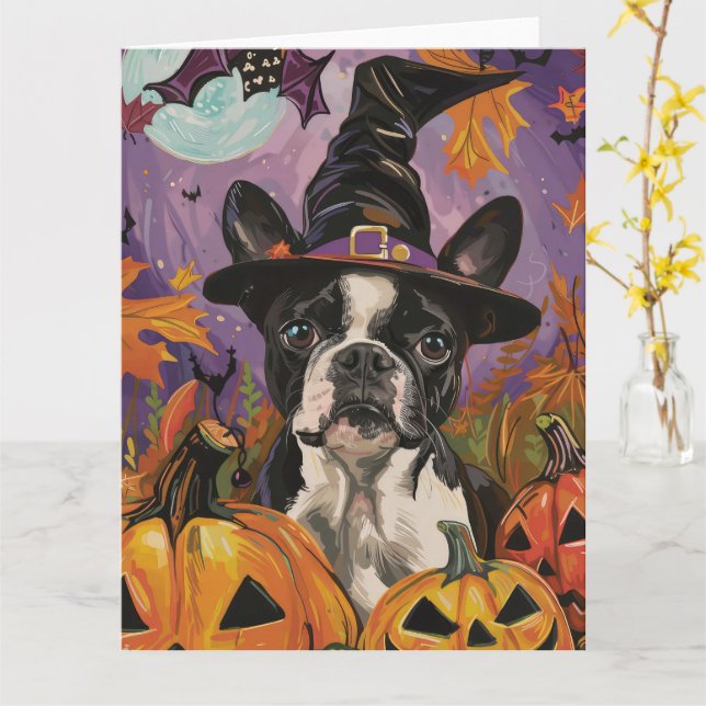 Carte Éffrayant Boston Terrier Halloween Witch Et Citrou (Fleur jaune)