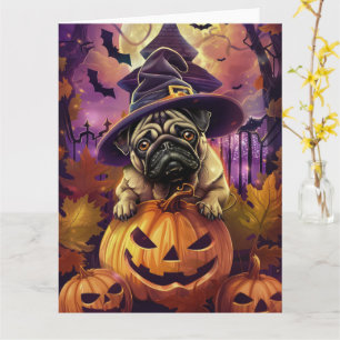 Carte Éffrayant Carlin Chien Halloween Sorcière Et Citro