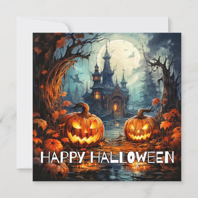 Carte Éffrayant Château Déplaisant Happy Halloween (Devant)