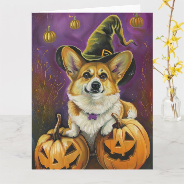 Carte Éffrayant Corgi Chien Halloween Citrouille sorcier (Fleur jaune)