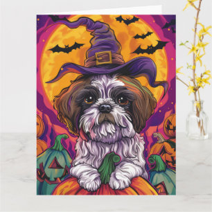 Carte Éffrayant Malti Tzu Chien Halloween Sorcière Et Ci