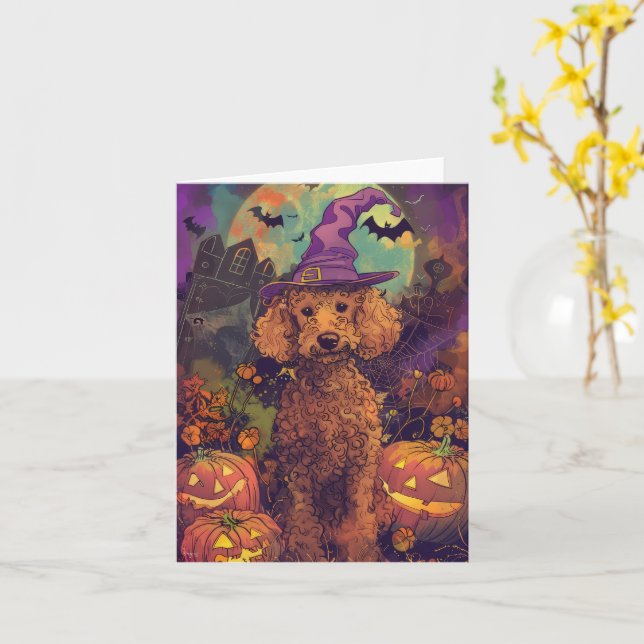 Carte Éffrayant Poodle Chien Halloween sorcière et Citro (Fleur jaune)