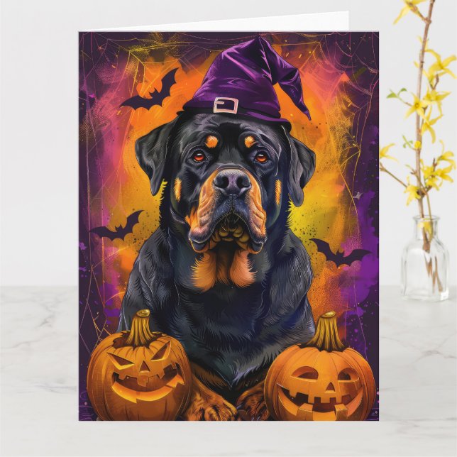 Carte Éffrayant Rottweiler Chien Halloween sorcière et C (Fleur jaune)